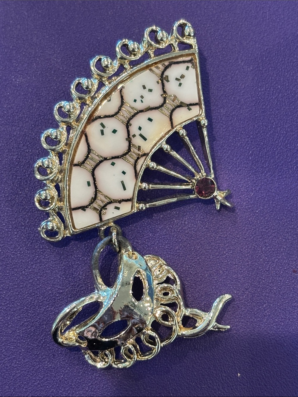 Vintage Gold-Tone Fan & Mask Brooch Pin